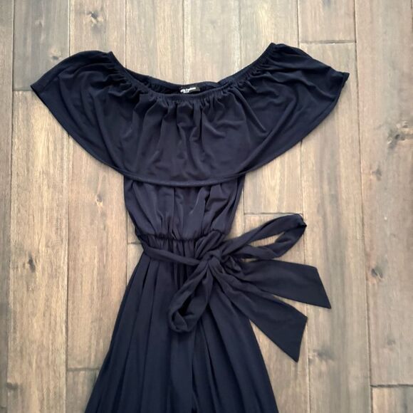 Navy Off the Shoulder Jersey Wide Leg Pants Belted Jumpsuit S/M - Picture 3 of 3